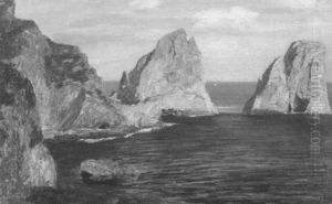 Blick Auf Die Faraglioni-felsen And Der Kuste Capris by Gustav Schoenleber