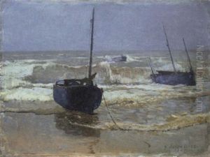 Gelbe Brandung. Fischerboote Am Strand Von La Panne