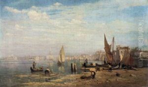 Venedig. Fischer Und Boote Am Flachen Strand Mit Blick Auf Den Dogenpalast, Die Campanile Und S. Maria Della Salute
