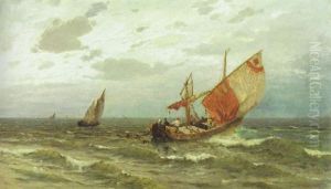 Fischerboote In Sturmischer See Vor Der Venezianischen Kuste by Gustav Schoenleber