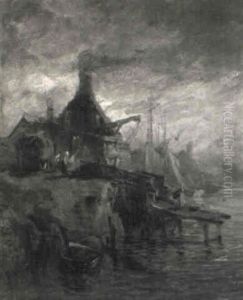 Flussufer Mit Dorfpartie Und Hafenanlage In Abendstimmung Flussufer Mit Dorfpartie Und Hafenanlage In Abendstimmung