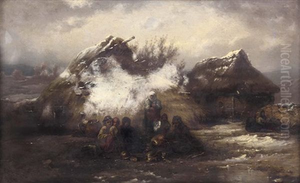 Familie Am Lagerfeuer Vor Hutten Im Winter - view 1