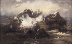 Familie Am Lagerfeuer Vor Hutten Im Winter