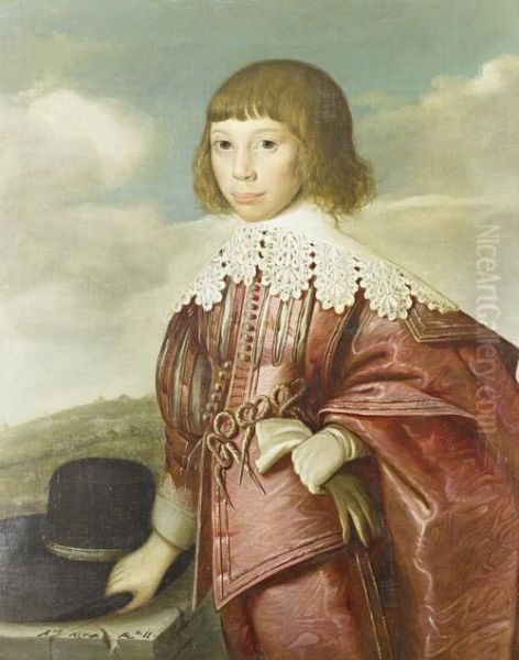 Portrait Of A Young Boy, Three-quarter-length,in Pink Silk Embroidered Dress And A White Chemise, Standing Besidea Stone Ledge Before An Open Landscape - view 1