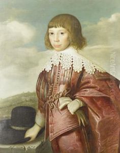 Portrait Of A Young Boy, Three-quarter-length,in Pink Silk Embroidered Dress And A White Chemise, Standing Besidea Stone Ledge Before An Open Landscape Portrait Of A Young Boy, Three-quarter-length,in Pink Silk Embroidered Dress And A White Chemise, Standing Besidea Stone Ledge Before An Open Landscape