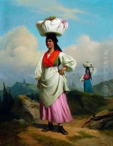 Zwei Ausseer Dirndl Mit Waschekorben Auf Dem Kopf