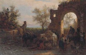 Travellers Watering Horses At A Ruin by Alois Schoenn