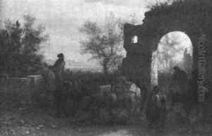 Lagernde Zigeuner Vor Sudlandischen Ruinen by Alois Schoenn