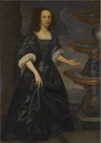 Portrait Of A Lady By A Fountain, Full Length, Wearing A Dark Green Dress - view 1