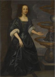 Portrait Of A Lady By A Fountain, Full Length, Wearing A Dark Green Dress Portrait Of A Lady By A Fountain, Full Length, Wearing A Dark Green Dress