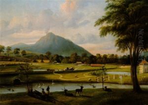 Exotische Flusslandschaft Mit Rauchendem Vulkan Und Reisenden In Einem Vierspannigen Wagen by Aegidius C. A. Schoenstedt