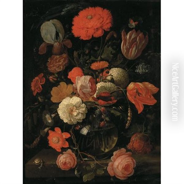 A Still Life Of Tulips, Roses, Blackberries And Other Flowers In A Glass Vase On A Ledge With Snails And Various Insects - view 1