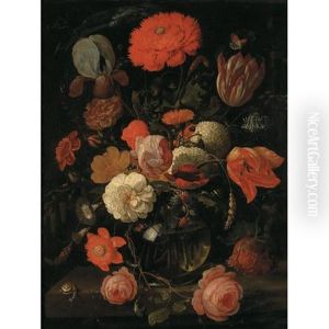 A Still Life Of Tulips, Roses, Blackberries And Other Flowers In A Glass Vase On A Ledge With Snails And Various Insects by Hendrik Schoock
