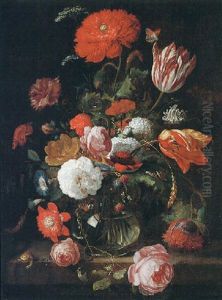 A Still Life Of Tulips, Roses, Blackberries, And Other Flowers In A Glass Vase, On A Stone Ledge by Hendrik Schoock