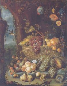 A Basket Of Grapes And Other Fruit On A Stone Ledge With Peaches, Grapes, Pears And Other Fruit And Flowers By A Wall by Hendrik Schoock