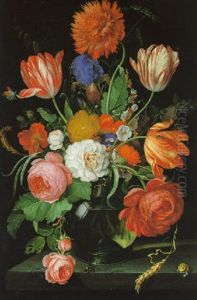 Blumenstraus Von Rosen, Nelken, Pfingstrosen, Iris, Wicke, Malven In Einer Glasvase by Hendrik Schoock