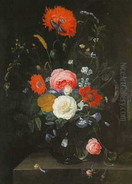 A Still Life Of Flowers In A Glass Vase On A Stone Ledge - view 1