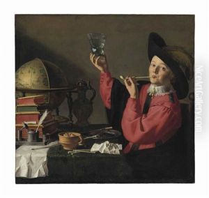 A Gallant Youth Drinking And Smoking At A Table With A Globe, Books, And Other Objects by Aelbert Jansz van der Schoor