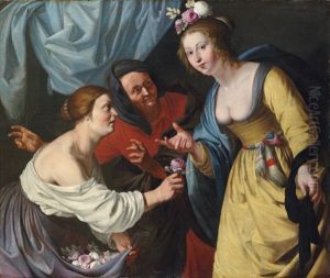 An Allegory Of Youth And Old Age - A Lady Offering Flowers To A Young Woman, With An Elderly Lady Beyond by Aelbert Jansz van der Schoor