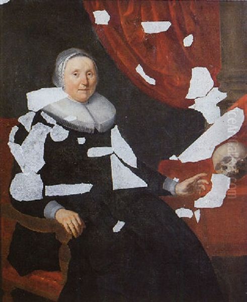 Portrait Of An Elderly Lady Seated By A Table In Front Of A Draped Column, Wearing A Black Dress, Molenkraag And Lace Cuffs, Pointing Towards A Skull - view 1