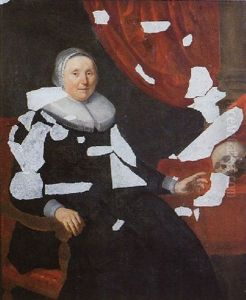 Portrait Of An Elderly Lady Seated By A Table In Front Of A Draped Column, Wearing A Black Dress, Molenkraag And Lace Cuffs, Pointing Towards A Skull Portrait Of An Elderly Lady Seated By A Table In Front Of A Draped Column, Wearing A Black Dress, Molenkraag And Lace Cuffs, Pointing Towards A Skull