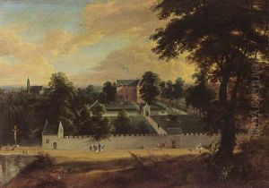 A View Of A Castle Surrounded By A Walled Landscape Garden With A Moat, With Figures And Horsemen On A Path