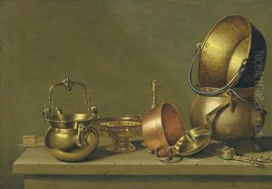 Copper And Brass Crockery With Other Utensils On A Ledge by Floris Gerritsz. van Schooten