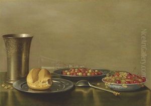 An Engraved Silver Beaker And Spoon, A Bread Roll And Berries On Pewter Plates And An Overturned Wine Glass On A Draped Table by Floris Gerritsz. van Schooten