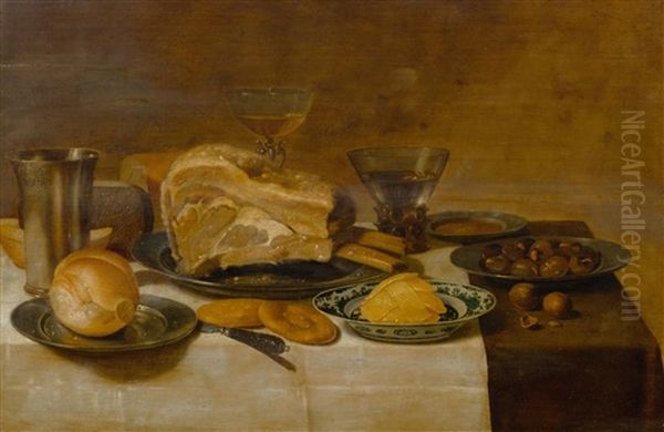 Still Life With Ham, Bread, Butter, Porcelain And Glass Ware And Pewter Plate - view 1