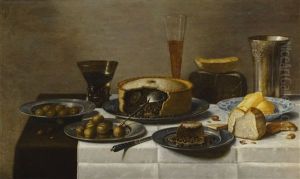 Still Life Of Meat Pies, Bread, Butter, Cheese And Olives With Glassware by Floris Gerritsz. van Schooten
