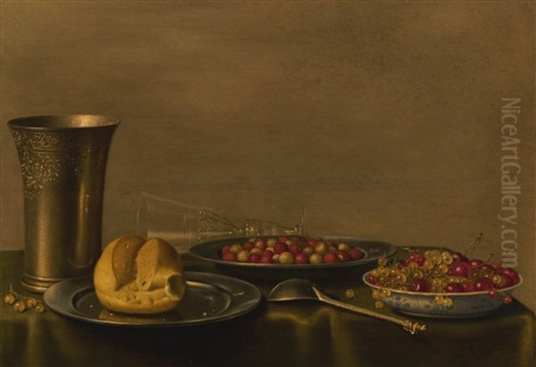 Still Life With An Engraved Silver Beaker And Spoon, A Bread Roll On A Pewter Plate, And Bowls Of Berries, With An Overturned Wineglass - view 1
