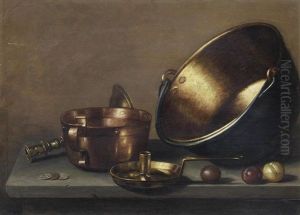 A Still Life Of Copper Pans And Utensils On A Stone Ledge With Plums