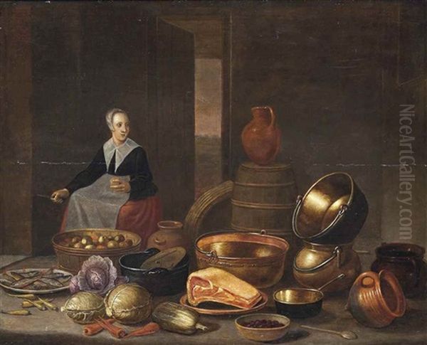 A Kitchen Maid Cutting Vegetables Amongst Cauliflower, Roots, Fish, Meat, Berries And Copper Pots And Pans In A Kitchen - view 1