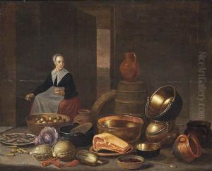 A Kitchen Maid Cutting Vegetables Amongst Cauliflower, Roots, Fish, Meat, Berries And Copper Pots And Pans In A Kitchen