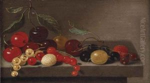 Cherries, Gooseberries, Redcurrants, Blackcurrants And Strawberries On A Stone Ledge by Floris Gerritsz. van Schooten