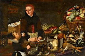 Kitchen Still Life With A Mother And Child by Floris Gerritsz. van Schooten