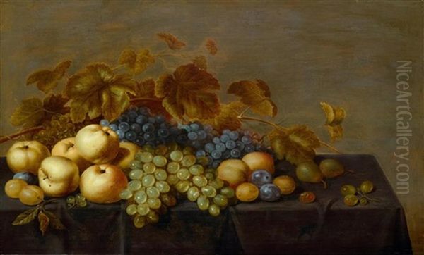 A Fruit Still Life With Plums, Apples, Grapes And Pears On A Table - view 1