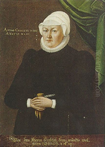 Portrait Of A Lady In A Black Dress And White Hat, Holding A Glove And Standing By A Draped Green Curtain - view 1