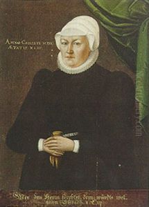Portrait Of A Lady In A Black Dress And White Hat, Holding A Glove And Standing By A Draped Green Curtain