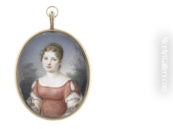 A Lady, Seated Before A Landscape And Wearing Red Dress Over White Chemise, Her Ivory Stole Draped About Her And Embroidered With Floral Motifs, Her Blonde Hair Curled, Plaited And Upswept - view 1