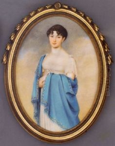 Countess Therese Apponyi In White Dress With Short Chiffon Sleeves, Floral Bordered Light Blue Cashmere Stole, Her Brown Hair Plaited And Upswept by Franziska Schoepfer