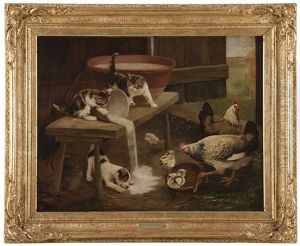 Spilt Milk, Animals In A Barn Interior by Heinrich Frederic Schopin