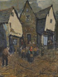 Village Scene With A Woman In A Red Scarf by Lucy Scott Bower
