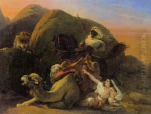 Eine Arabische Familie Von Einem Lowen Uberrascht by Heinrich Frederic Schopin