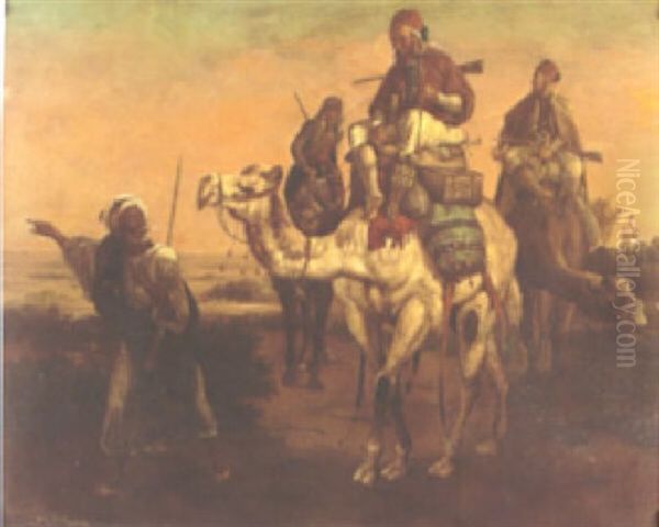 A Desert Caravan With A Tracker Leading A Group On Camelback - view 1