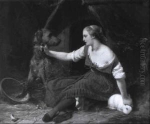 Jeune Fille S'amusant Avec Un Lapin by Heinrich Frederic Schopin