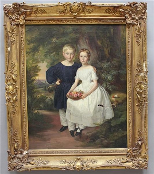 Kinderdarstellung Der Beiden Geschwister Elise Mit Blumenkorb Und Theodor Wegener Mit Tennisschlager - view 1