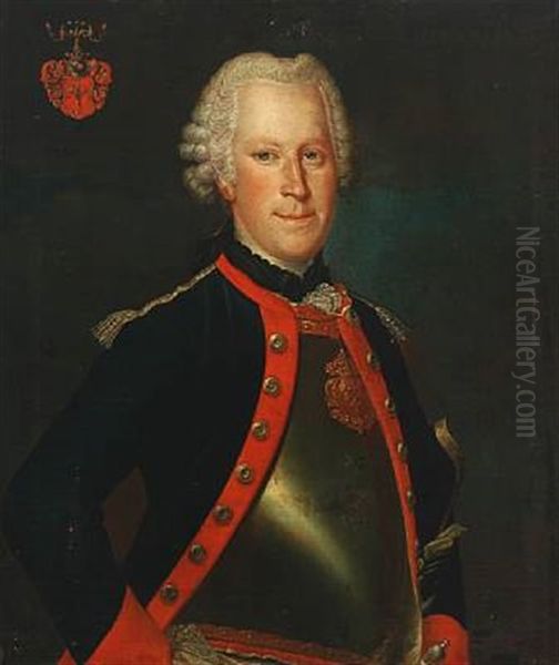 Portrait Of A French Nobleman, Sitting En Face To The Right, At His Armour The French Royal Coat Of Arms, In The Upper Left Corner Coat Of Arms With Fleur-de-lis And Seamen - view 1