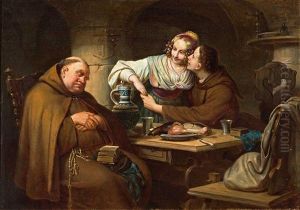 Genreszene Mit Turtelndem Und Schlafendem Monch by Carl Schorn