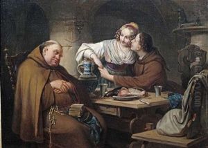 Kellerszene Mit Eingeschlafenem Monch Und Liebespaar by Carl Schorn